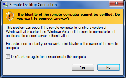 remote desktop connection prompt