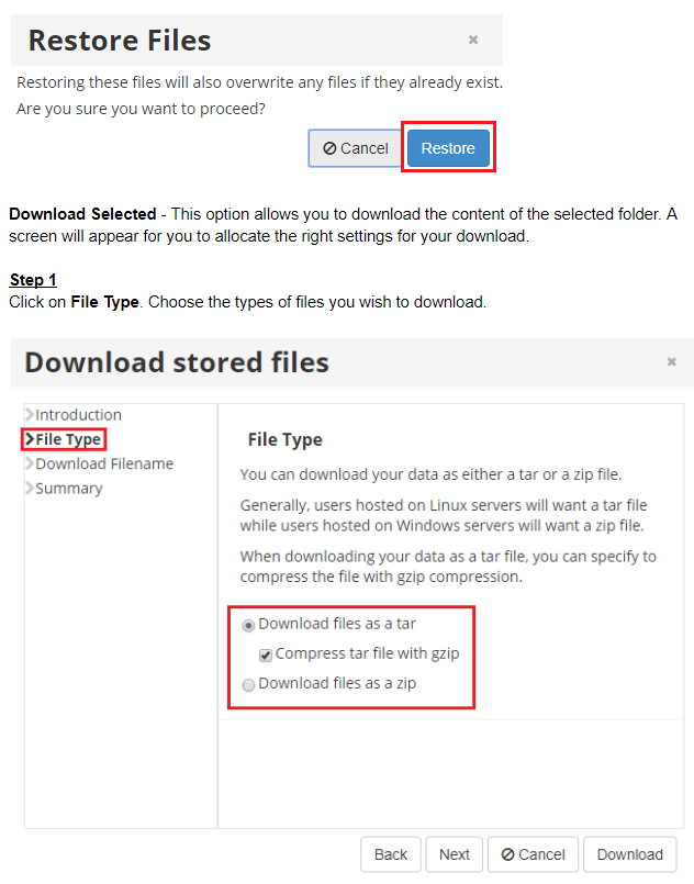 restore file and download restore files