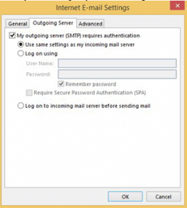 Internet Email Settings outgoing server